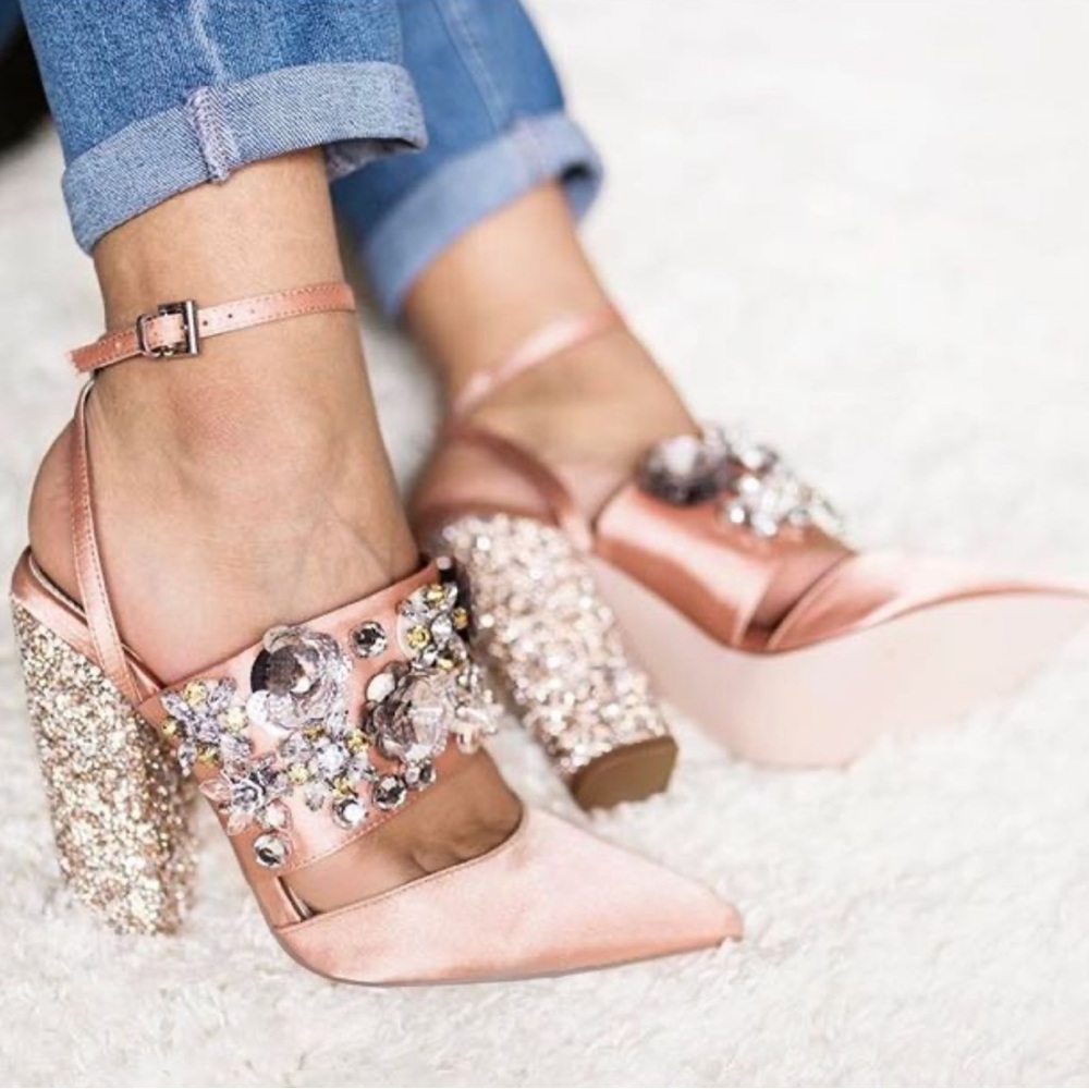 ASOS Rose Gold Embellished Block Heel Pumps - Picture 2 of 7